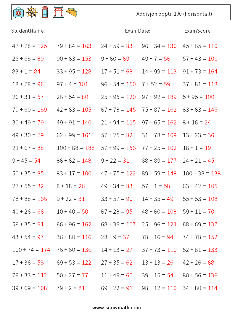(100) Addisjon opptil 100 (horisontalt) MathWorksheets 1 QuestionAnswer