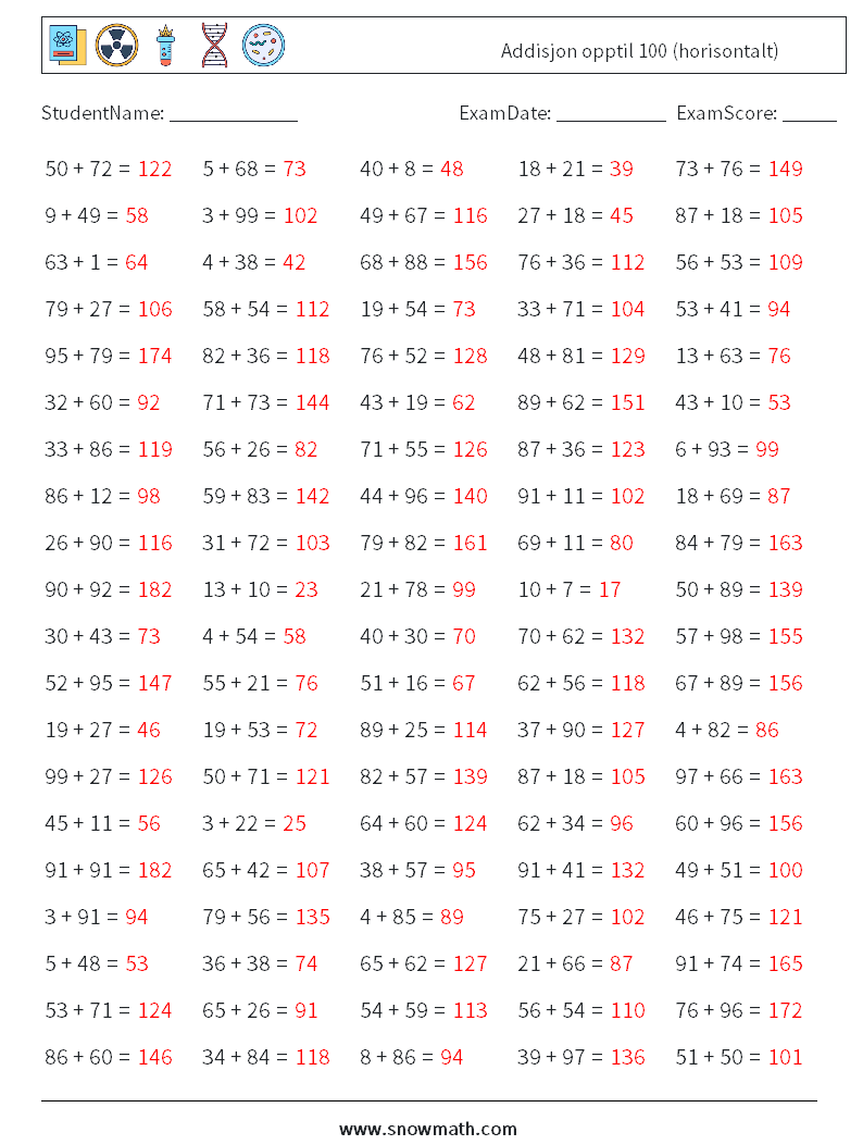 (100) Addisjon opptil 100 (horisontalt) MathWorksheets 2 QuestionAnswer