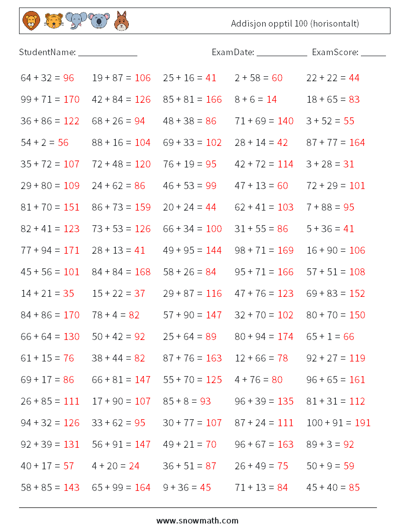 (100) Addisjon opptil 100 (horisontalt) MathWorksheets 3 QuestionAnswer