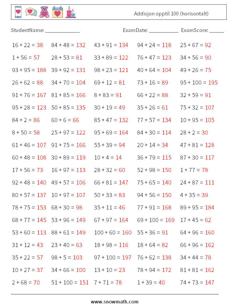 (100) Addisjon opptil 100 (horisontalt) MathWorksheets 5 QuestionAnswer
