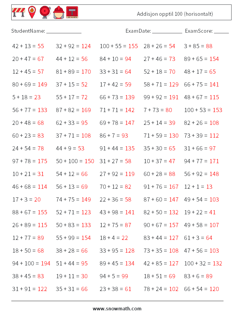 (100) Addisjon opptil 100 (horisontalt) MathWorksheets 6 QuestionAnswer