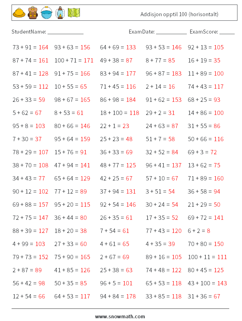 (100) Addisjon opptil 100 (horisontalt) MathWorksheets 7 QuestionAnswer