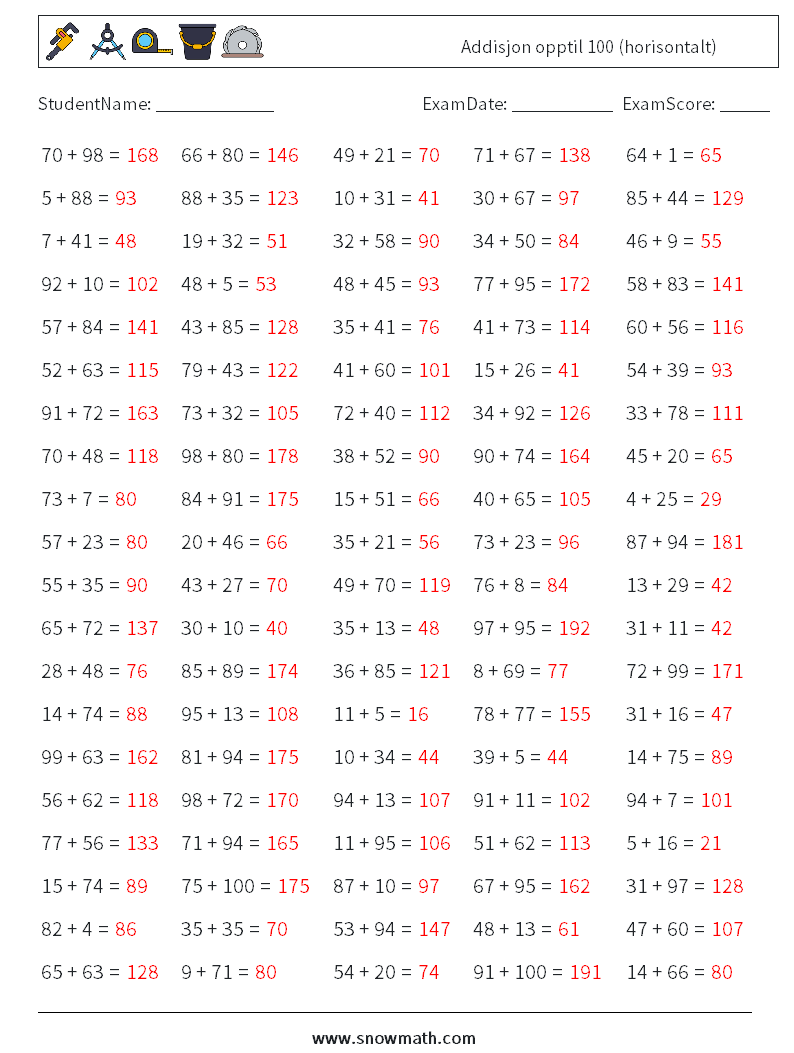 (100) Addisjon opptil 100 (horisontalt) MathWorksheets 8 QuestionAnswer