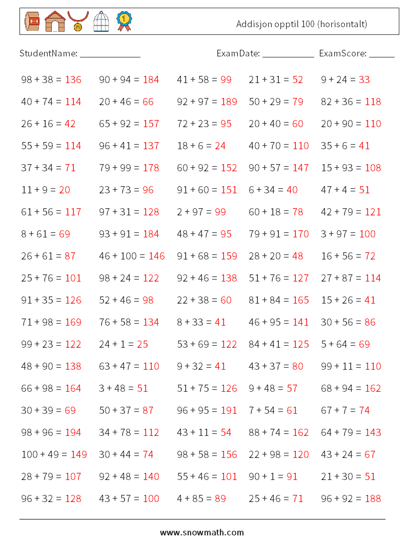(100) Addisjon opptil 100 (horisontalt) MathWorksheets 9 QuestionAnswer