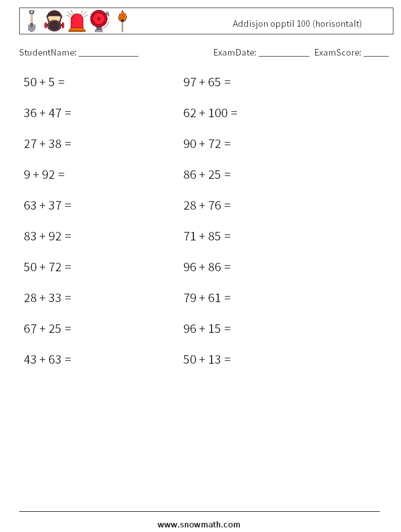 (20) Addisjon opptil 100 (horisontalt) MathWorksheets 3
