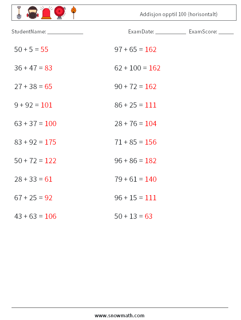 (20) Addisjon opptil 100 (horisontalt) MathWorksheets 3 QuestionAnswer