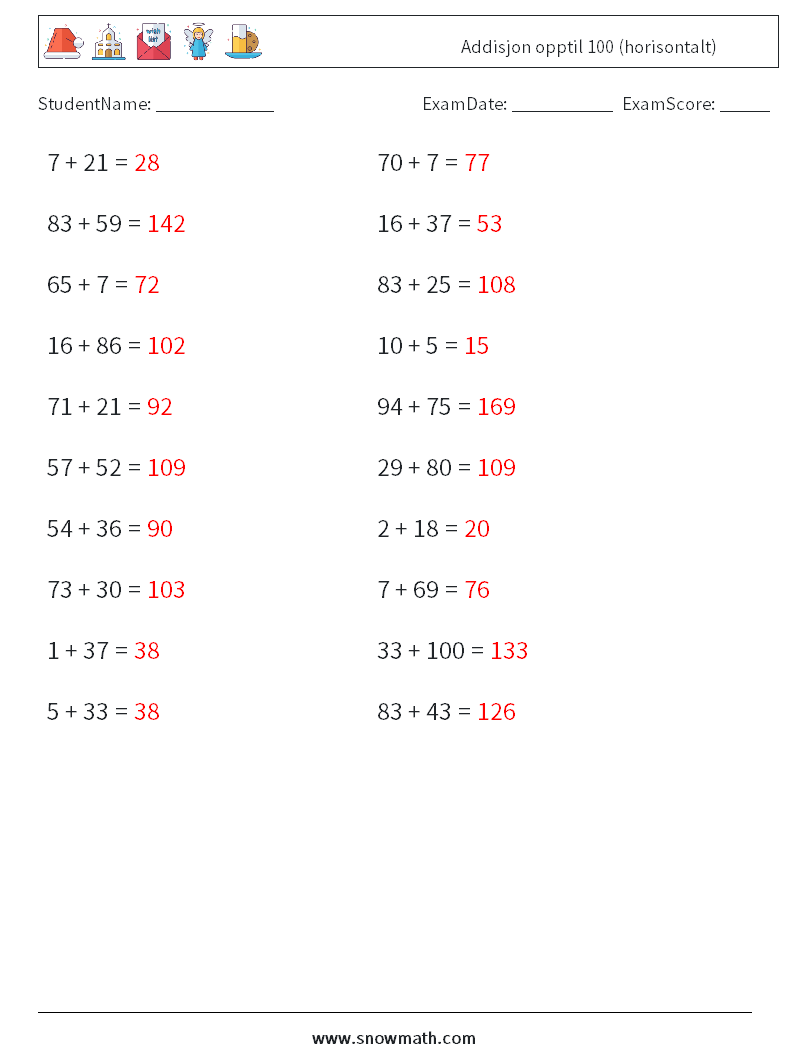 (20) Addisjon opptil 100 (horisontalt) MathWorksheets 4 QuestionAnswer