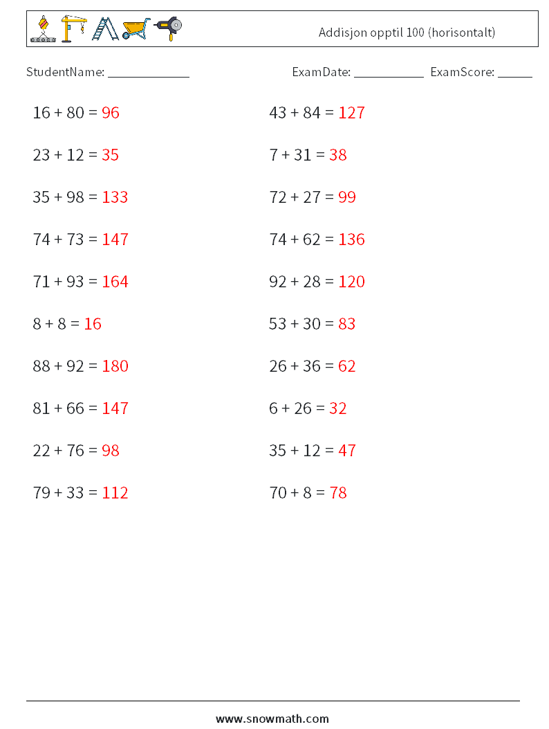 (20) Addisjon opptil 100 (horisontalt) MathWorksheets 8 QuestionAnswer