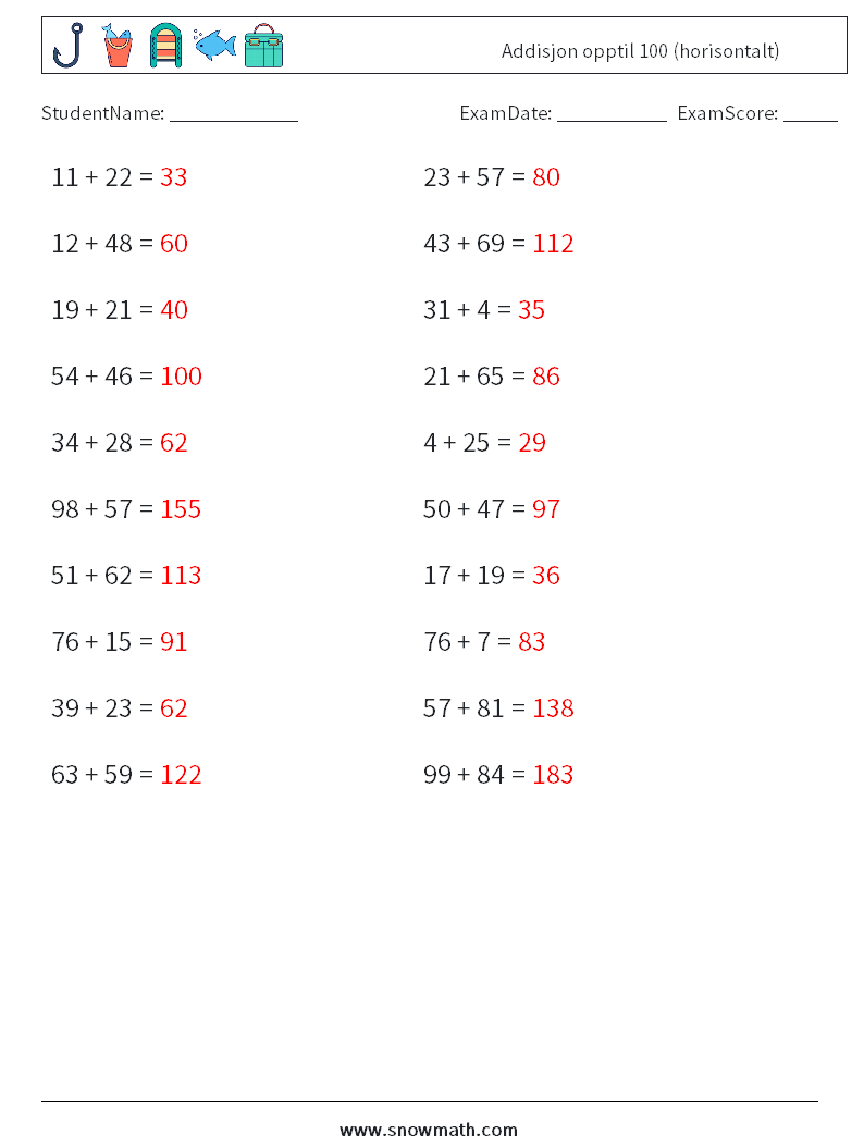(20) Addisjon opptil 100 (horisontalt) MathWorksheets 9 QuestionAnswer