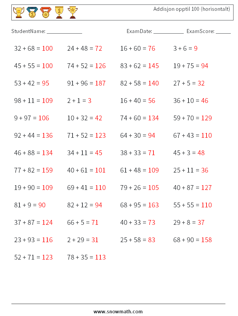 (50) Addisjon opptil 100 (horisontalt) MathWorksheets 1 QuestionAnswer