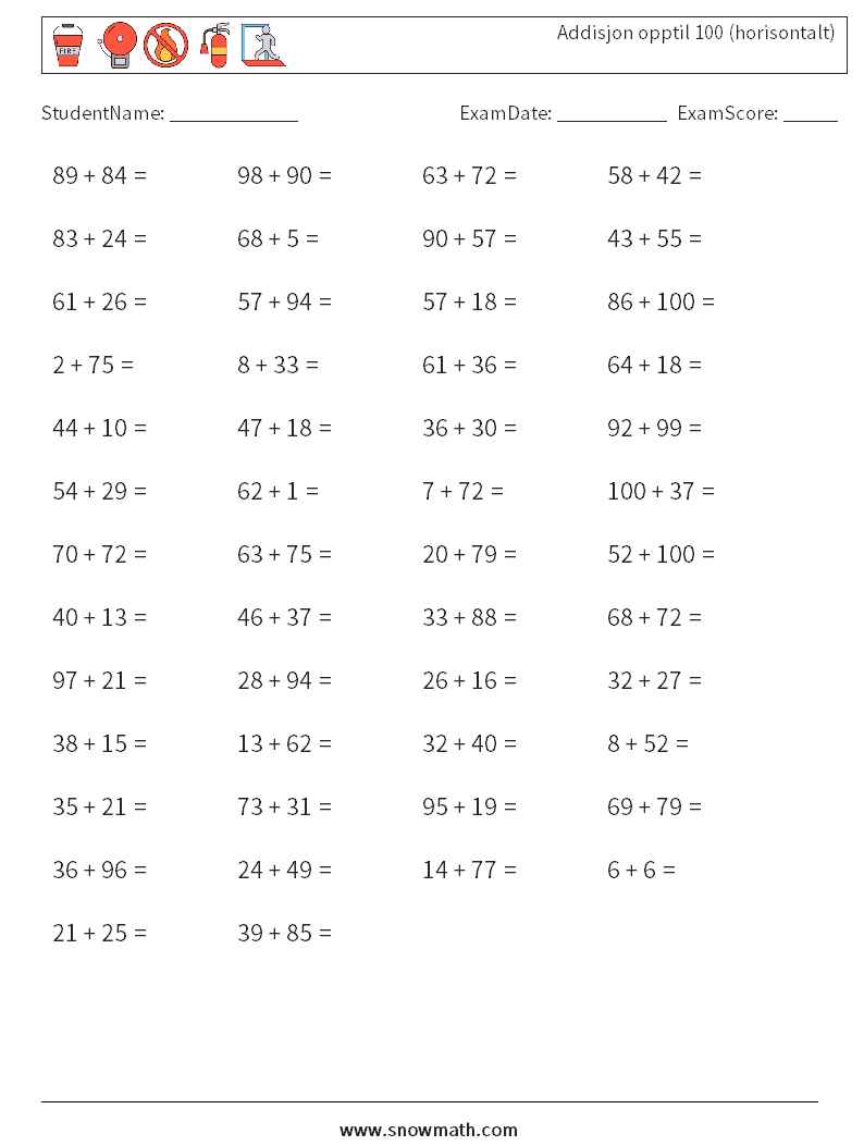 (50) Addisjon opptil 100 (horisontalt) MathWorksheets 2