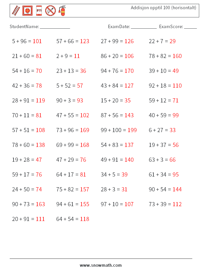 (50) Addisjon opptil 100 (horisontalt) MathWorksheets 3 QuestionAnswer