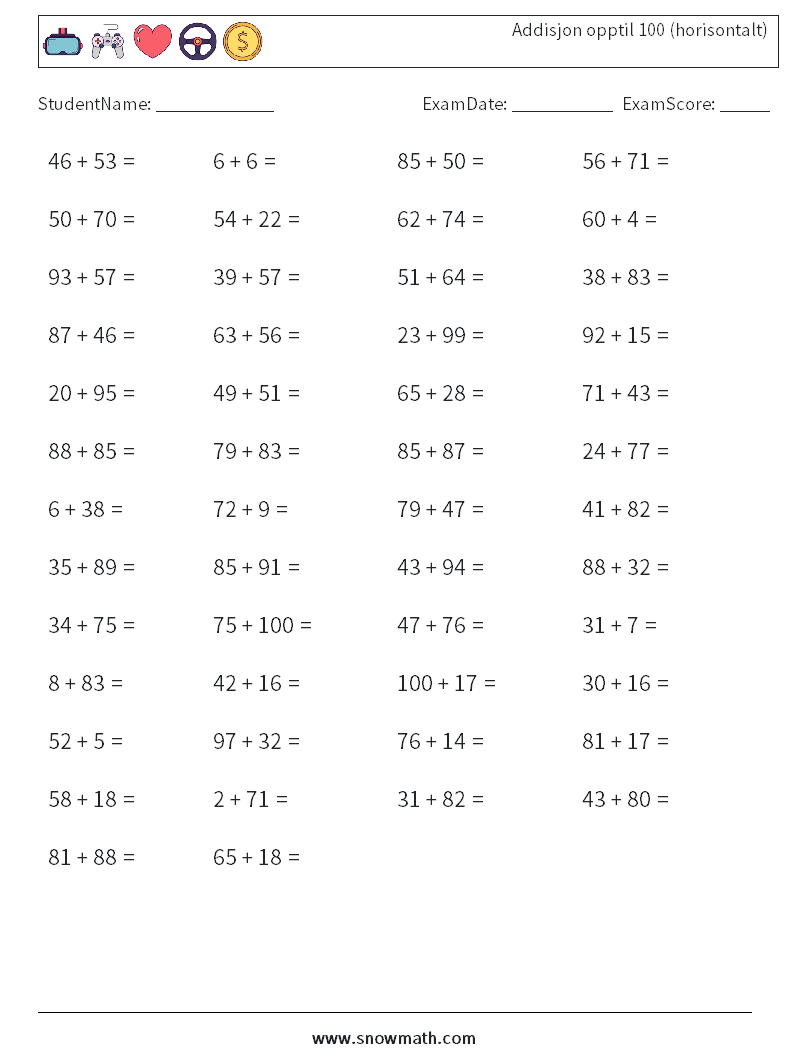 (50) Addisjon opptil 100 (horisontalt) MathWorksheets 4