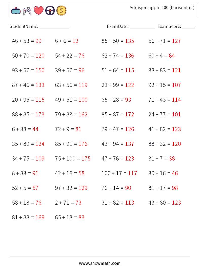 (50) Addisjon opptil 100 (horisontalt) MathWorksheets 4 QuestionAnswer