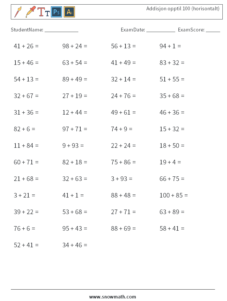 (50) Addisjon opptil 100 (horisontalt) MathWorksheets 5