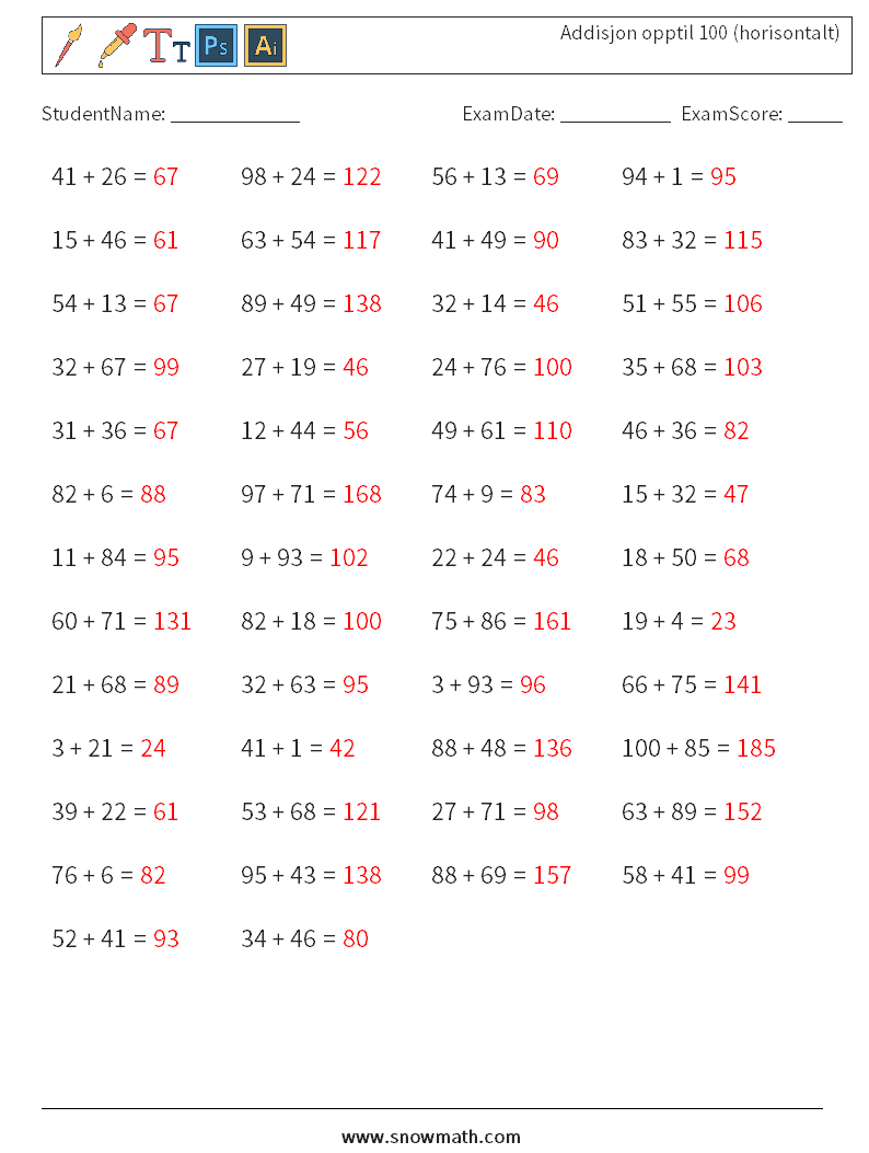 (50) Addisjon opptil 100 (horisontalt) MathWorksheets 5 QuestionAnswer