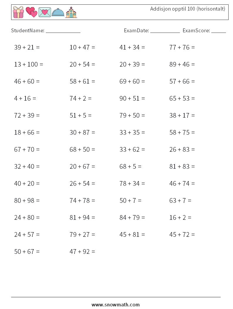 (50) Addisjon opptil 100 (horisontalt) MathWorksheets 8