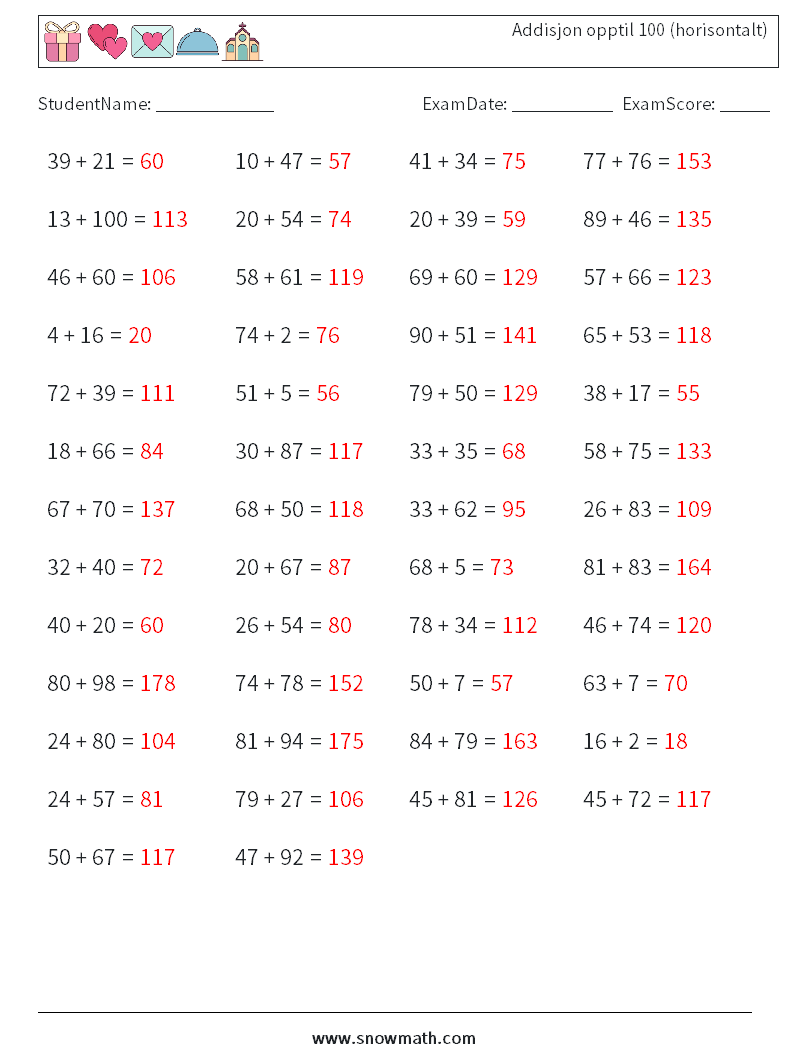 (50) Addisjon opptil 100 (horisontalt) MathWorksheets 8 QuestionAnswer