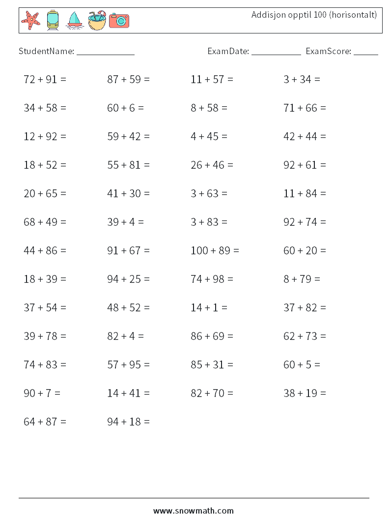 (50) Addisjon opptil 100 (horisontalt) MathWorksheets 9