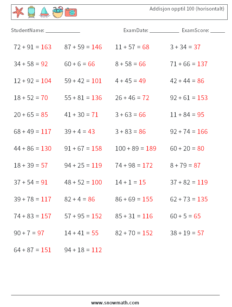 (50) Addisjon opptil 100 (horisontalt) MathWorksheets 9 QuestionAnswer