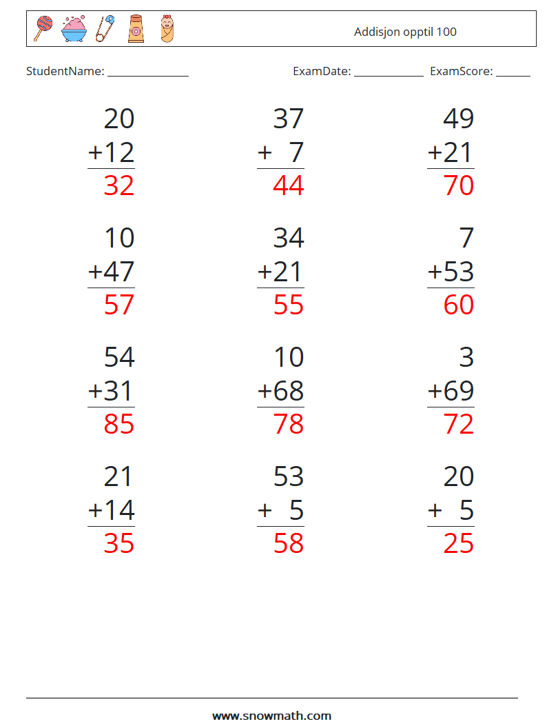 (12) Addisjon opptil 100 MathWorksheets 11 QuestionAnswer