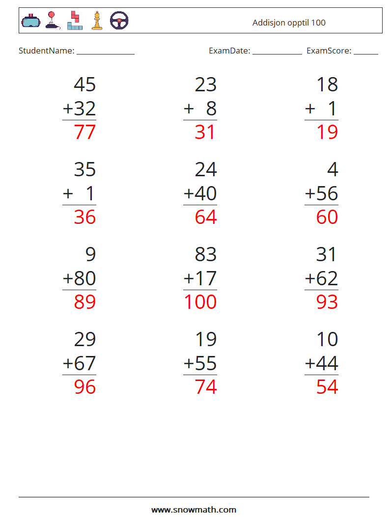 (12) Addisjon opptil 100 MathWorksheets 12 QuestionAnswer