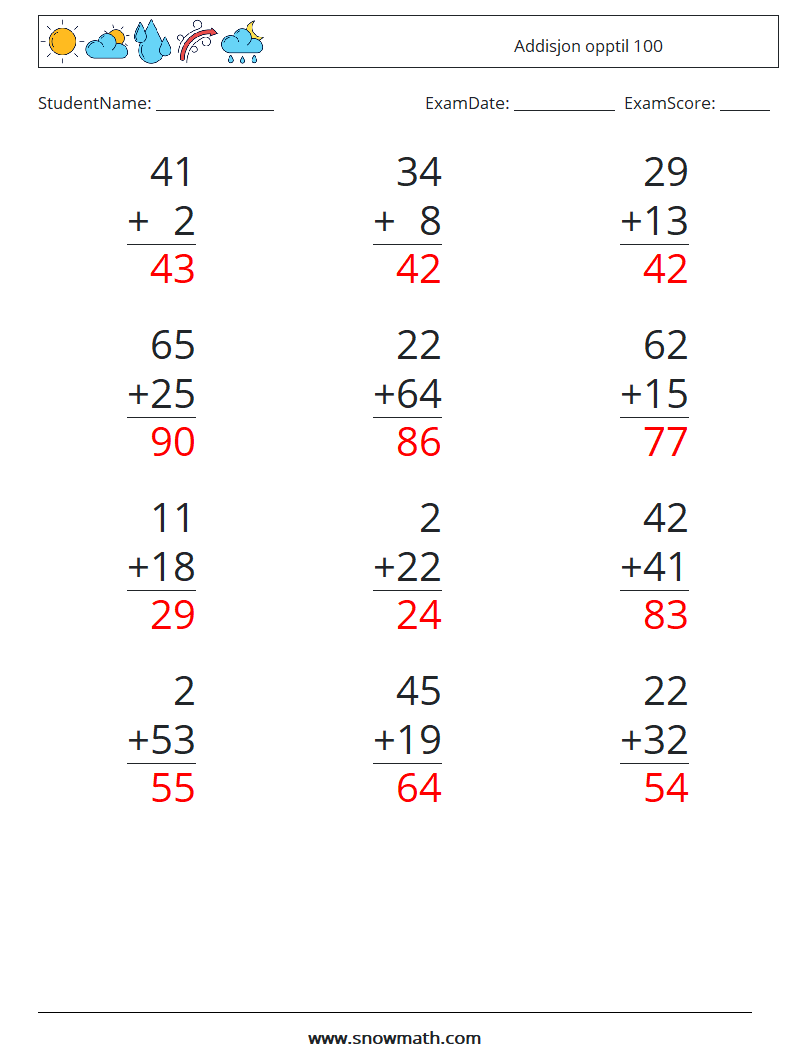 (12) Addisjon opptil 100 MathWorksheets 13 QuestionAnswer