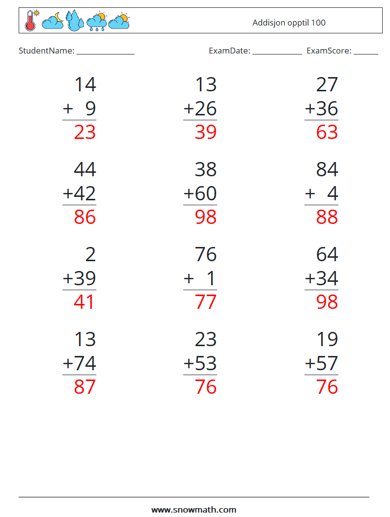 (12) Addisjon opptil 100 MathWorksheets 14 QuestionAnswer