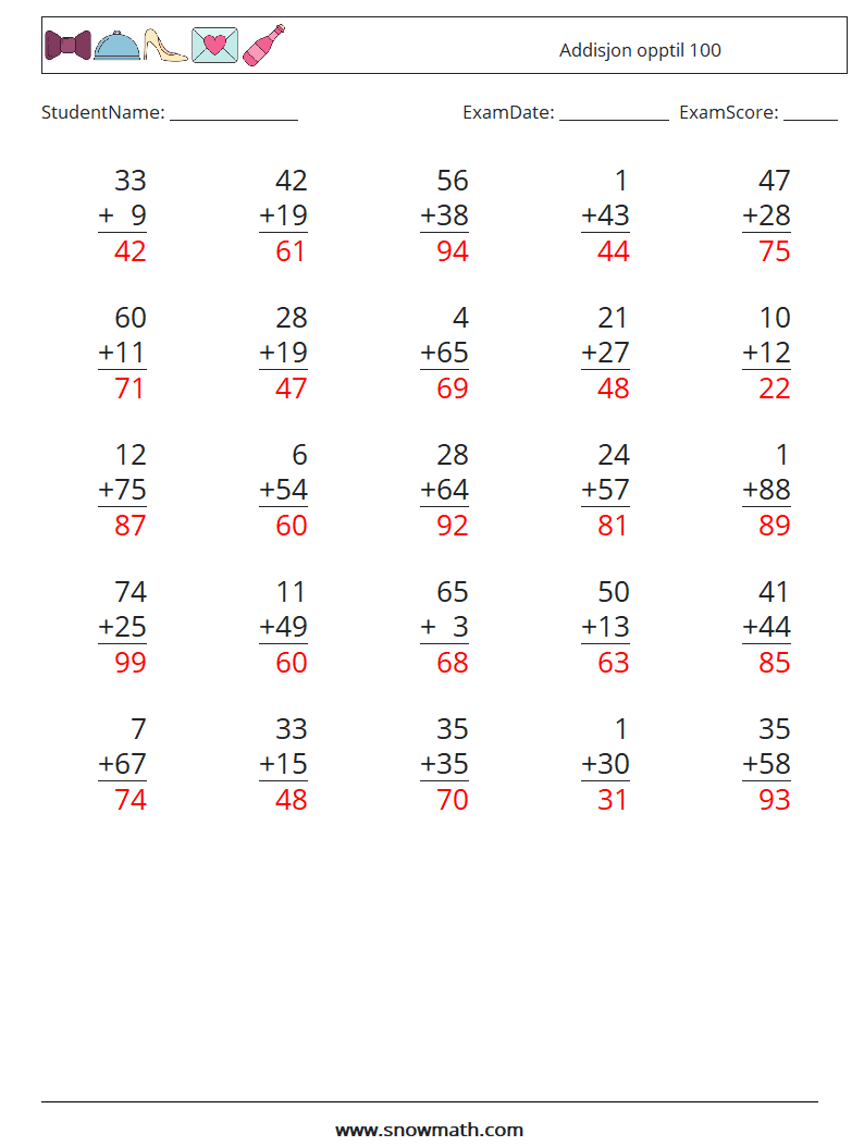 (25) Addisjon opptil 100 MathWorksheets 10 QuestionAnswer