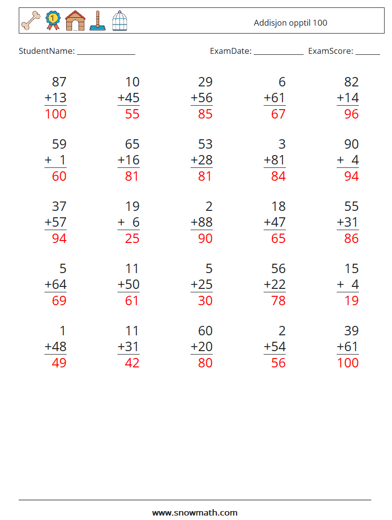 (25) Addisjon opptil 100 MathWorksheets 15 QuestionAnswer