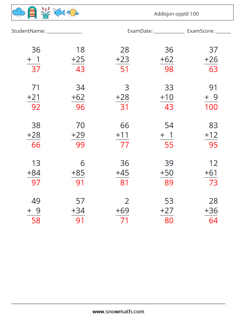 (25) Addisjon opptil 100 MathWorksheets 17 QuestionAnswer