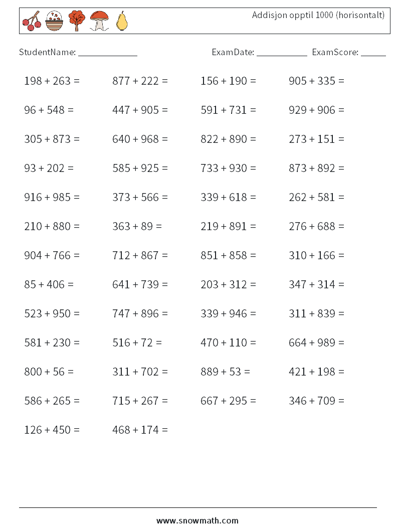 (50) Addisjon opptil 1000 (horisontalt) MathWorksheets 2