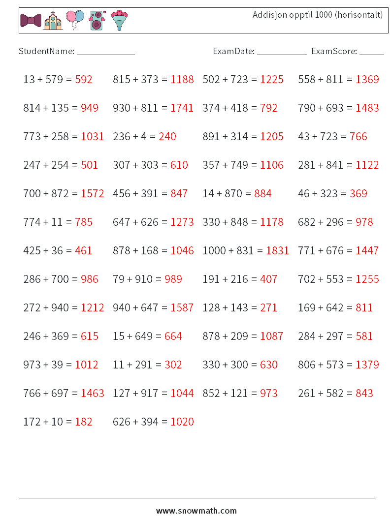 (50) Addisjon opptil 1000 (horisontalt) MathWorksheets 4 QuestionAnswer