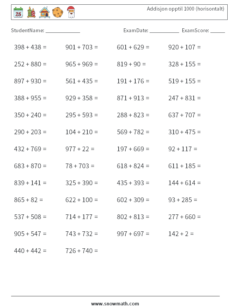 (50) Addisjon opptil 1000 (horisontalt) MathWorksheets 7