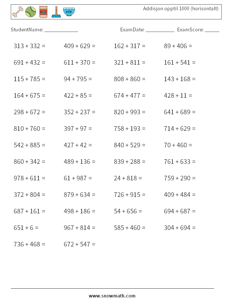 (50) Addisjon opptil 1000 (horisontalt) MathWorksheets 8