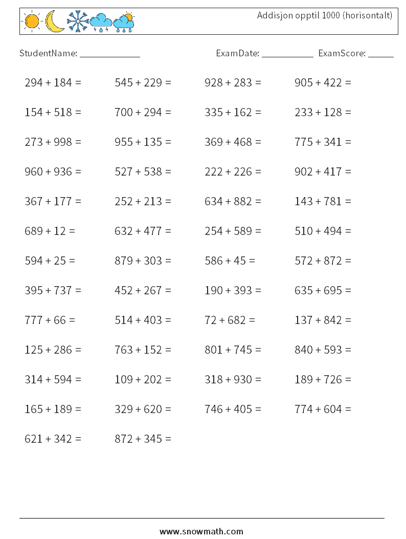(50) Addisjon opptil 1000 (horisontalt) MathWorksheets 9