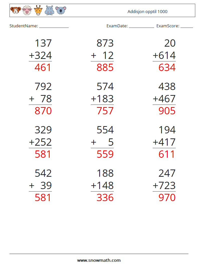 (12) Addisjon opptil 1000 MathWorksheets 11 QuestionAnswer