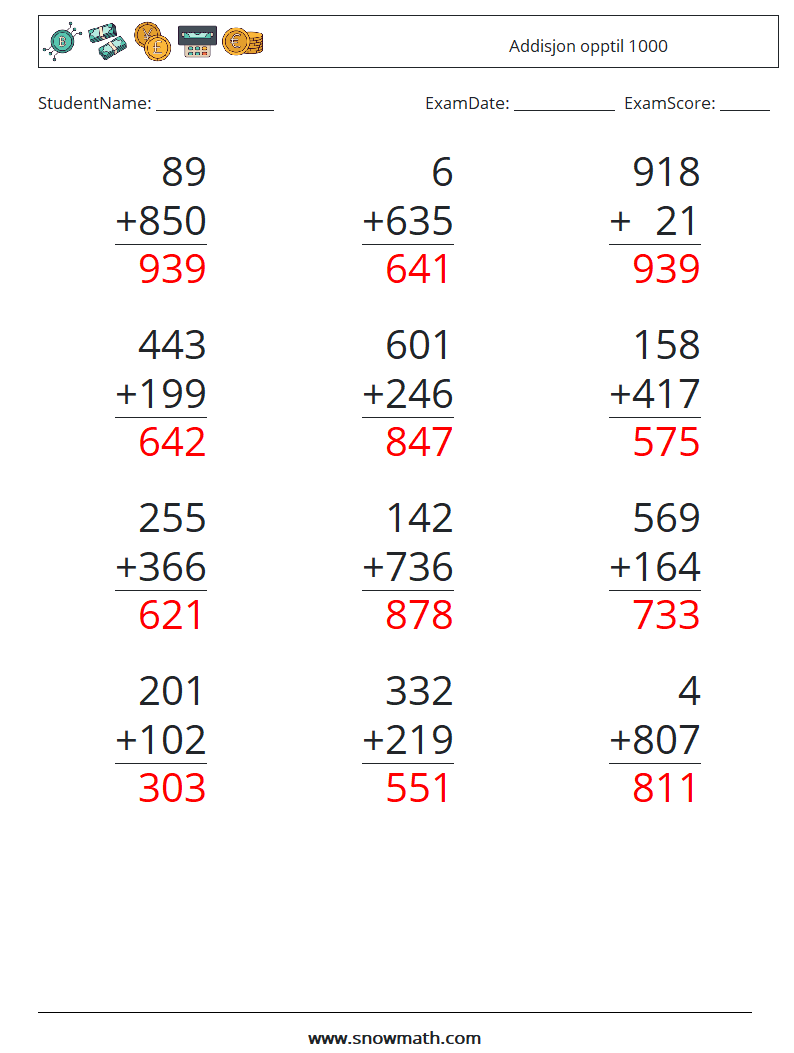 (12) Addisjon opptil 1000 MathWorksheets 12 QuestionAnswer