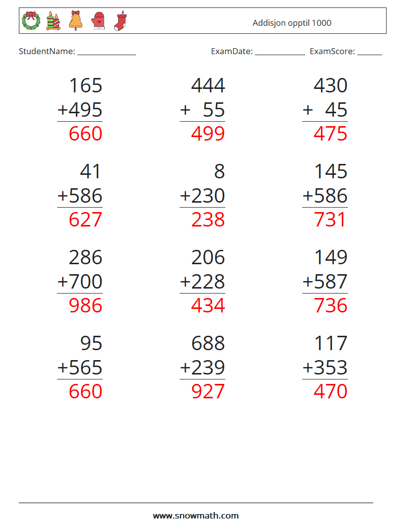 (12) Addisjon opptil 1000 MathWorksheets 14 QuestionAnswer