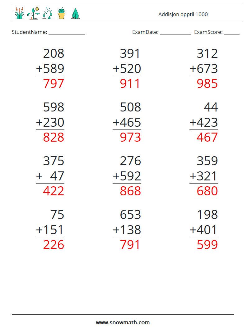 (12) Addisjon opptil 1000 MathWorksheets 17 QuestionAnswer