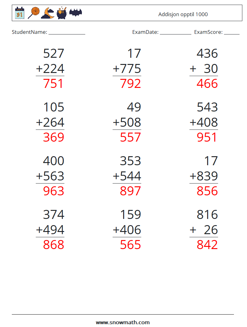 (12) Addisjon opptil 1000 MathWorksheets 18 QuestionAnswer