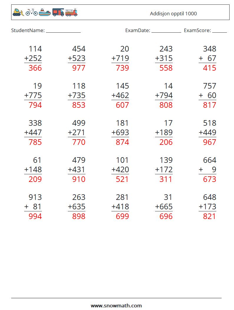 (25) Addisjon opptil 1000 MathWorksheets 12 QuestionAnswer