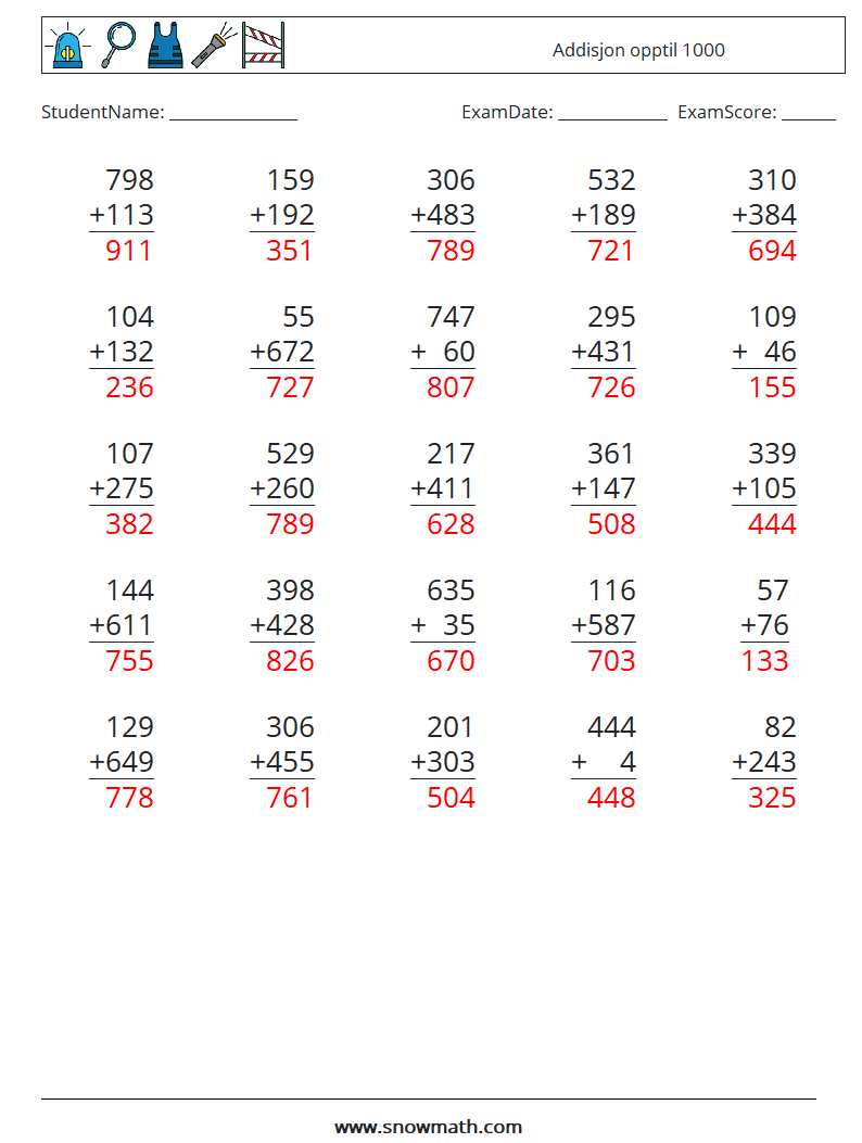 (25) Addisjon opptil 1000 MathWorksheets 13 QuestionAnswer