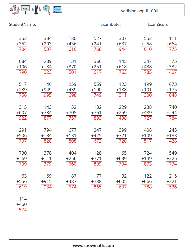 (50) Addisjon opptil 1000 MathWorksheets 10 QuestionAnswer