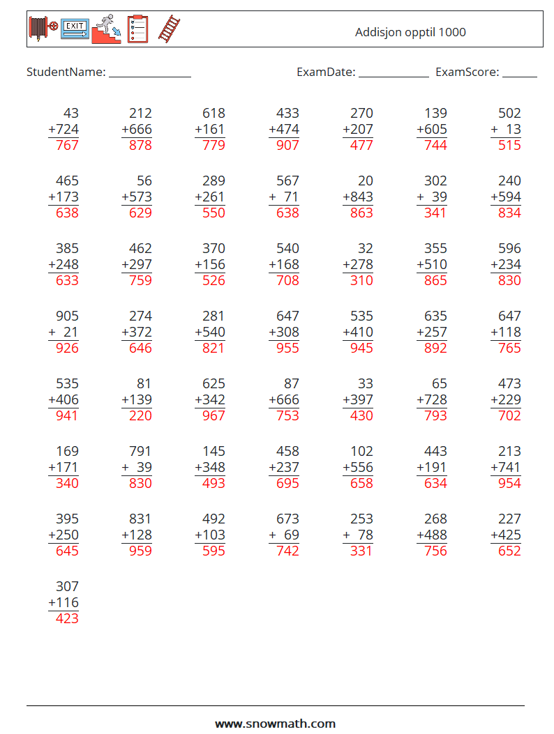 (50) Addisjon opptil 1000 MathWorksheets 16 QuestionAnswer