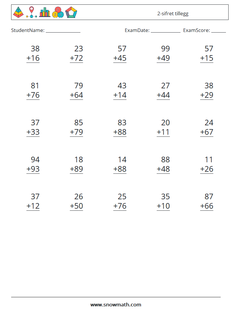 (25) 2-sifret tillegg MathWorksheets 10