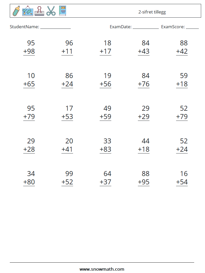 (25) 2-sifret tillegg MathWorksheets 11
