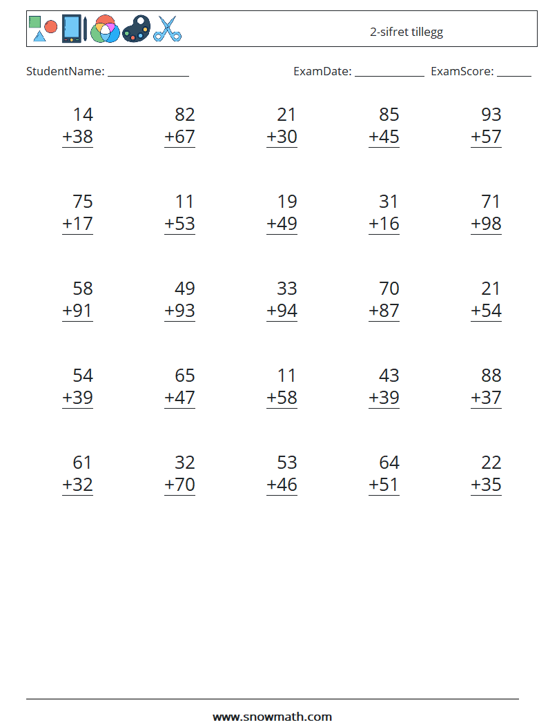 (25) 2-sifret tillegg MathWorksheets 12