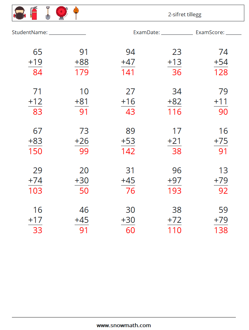 (25) 2-sifret tillegg MathWorksheets 13 QuestionAnswer