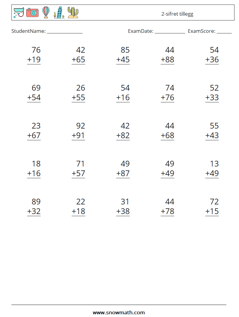 (25) 2-sifret tillegg MathWorksheets 14
